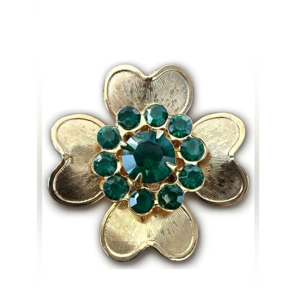 Vintage Gold-Tone Flower Brooch with Emerald Green Rhinestones